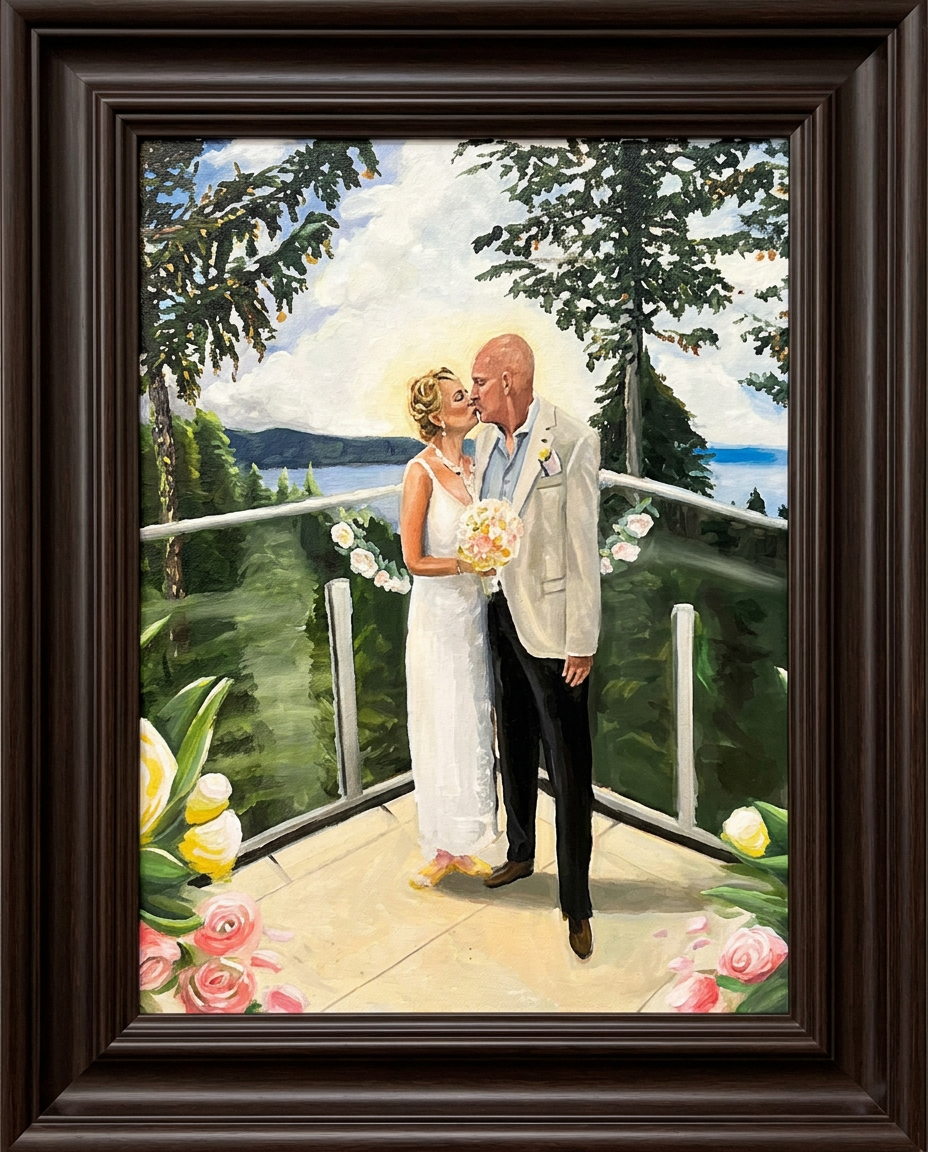 Original wedding oil painting of a couple kissing on a terrace overlooking the ocean, framed in dark wood with molded detailing