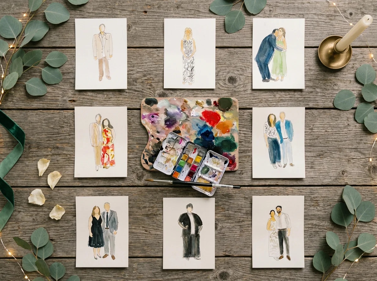 Watercolour guest illustrations lying flat on a weathered barn table at Chestnut Springs Cidery, framed by eucalyptus, fairy lights and a taper candle, with Jacqueline's paints and brush in the centre