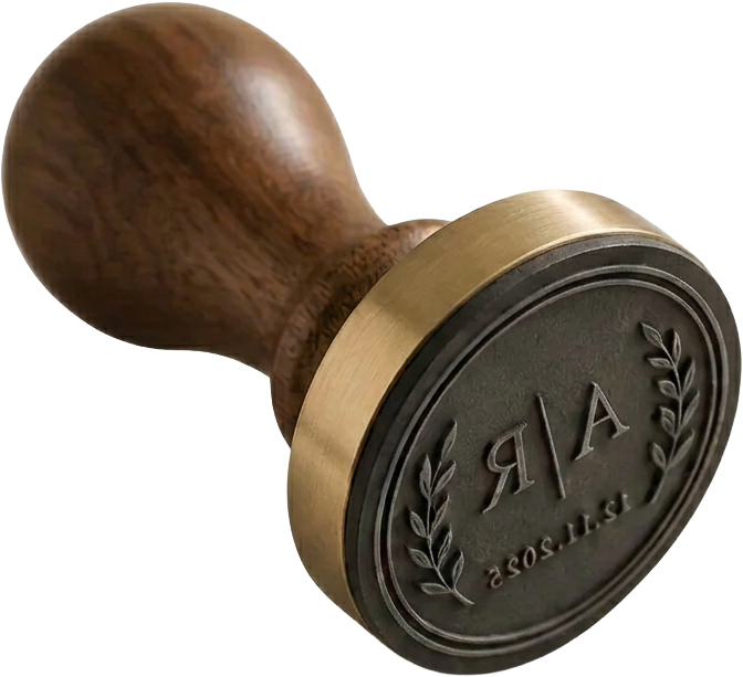 A wooden-handled custom stamp with a brass ferrule lying tilted on a linen table beside the back of an illustration card stamped with an elegant oval seal, a watercolour Indian bride and groom peeking from a card beneath