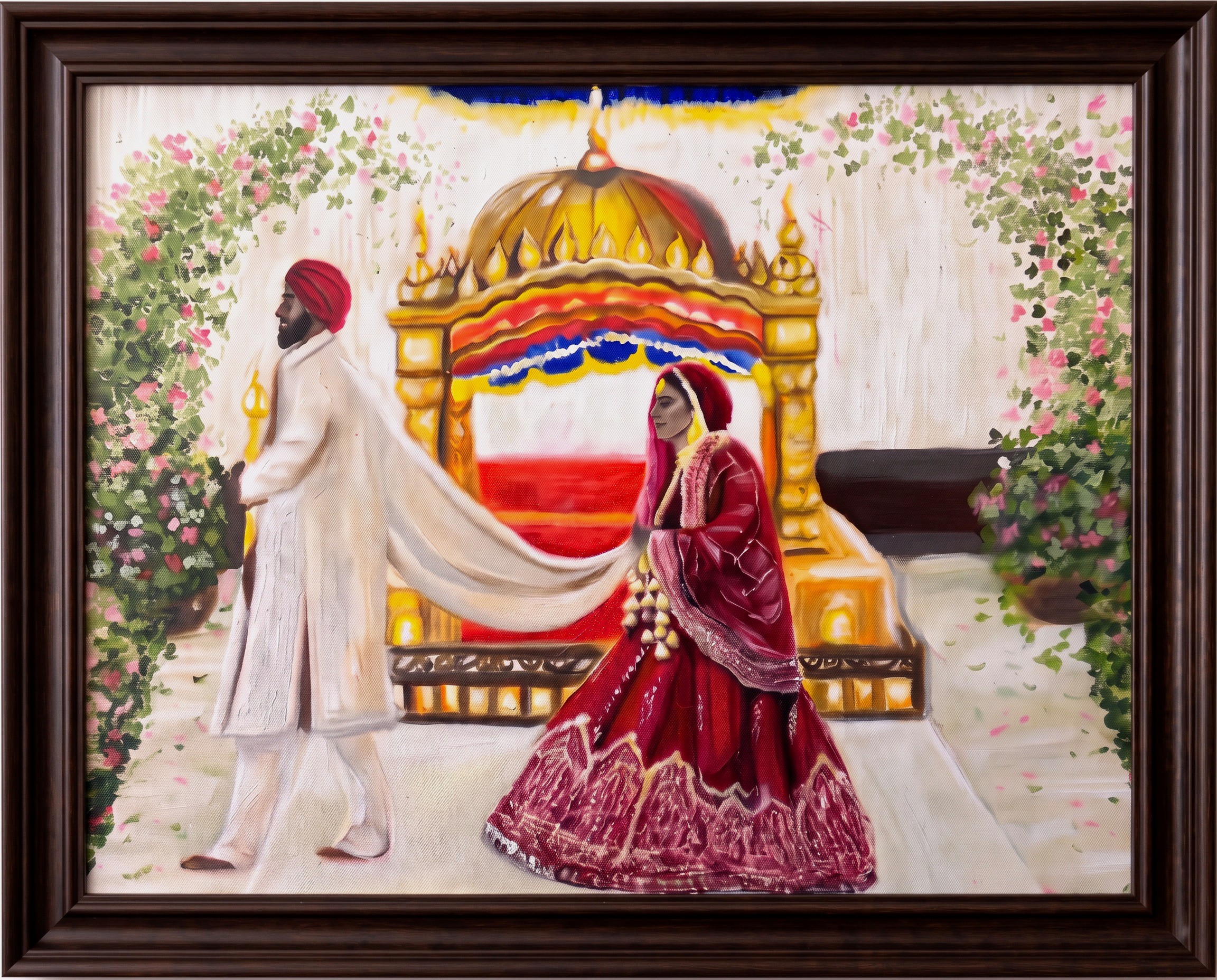 Original wedding oil painting of a Sikh groom holding the bride's veil as they walk beneath the floral arch, in a dark wood frame with molded detailing
