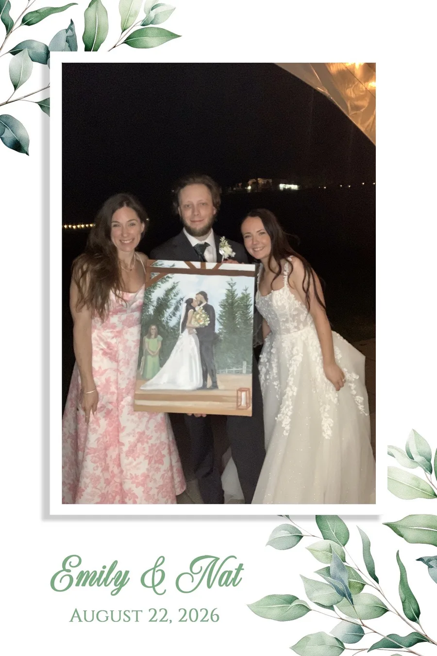 Commemorative card of a newlywed couple and the artist holding their finished live wedding painting, inscribed Emily and Nat, August 22, 2026