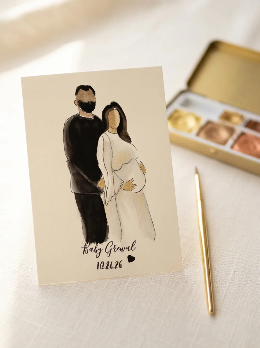 Watercolour and gold illustration card of an expectant couple lettered Baby Grewal, standing on cream linen beside a fine gold paintbrush and a metallic watercolour palette