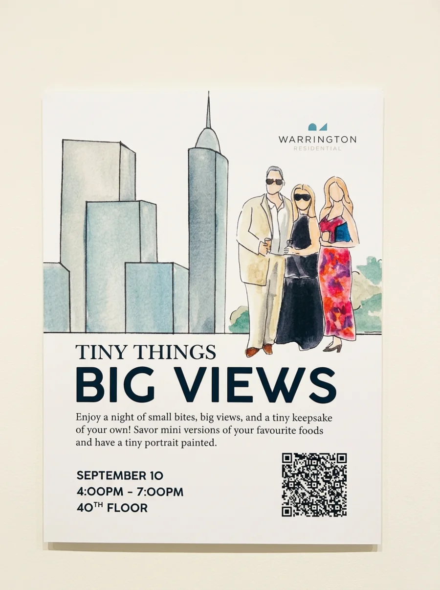 Event flyer for a Warrington Residential evening on the 40th floor, illustrated with a city skyline and three guests in watercolour and ink