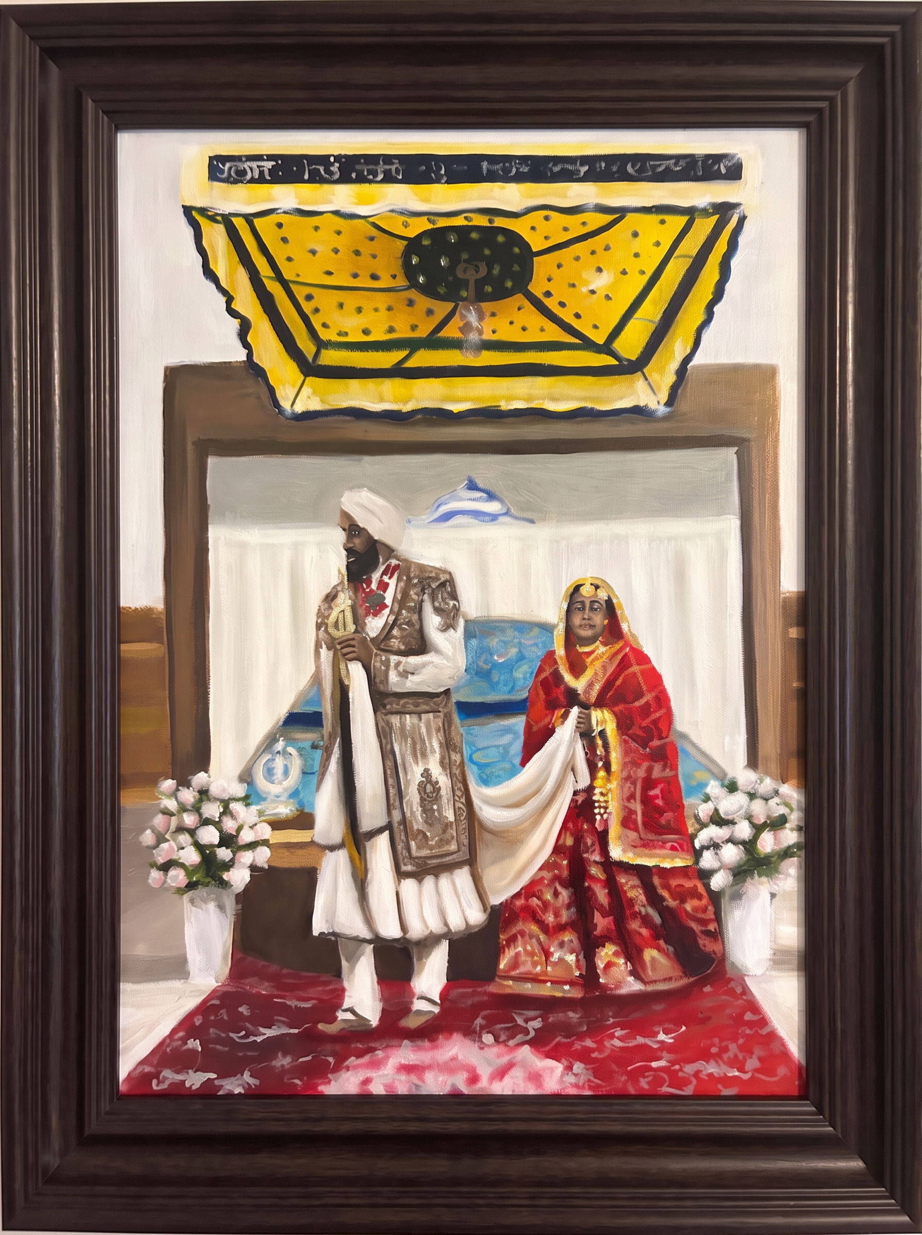 Original wedding oil painting of a Sikh groom holding the bride's veil beneath the yellow palki canopy, framed in dark wood with molded detailing