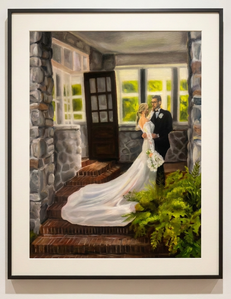Original wedding oil painting of a bride and groom at the stone doorway, framed in a slim black gallery frame with a cream mat