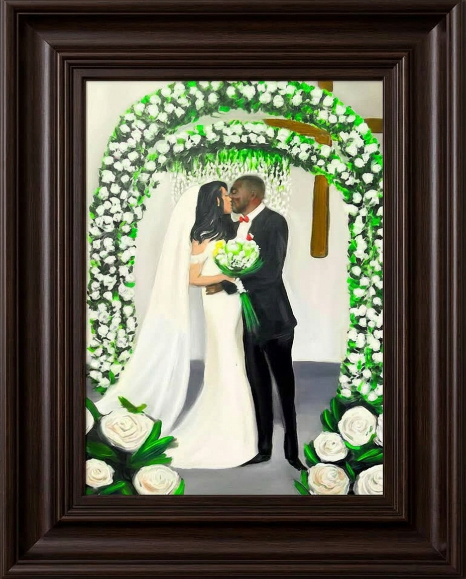 Original wedding oil painting of a bride and groom kissing beneath a white floral arch, framed in dark wood with molded detailing